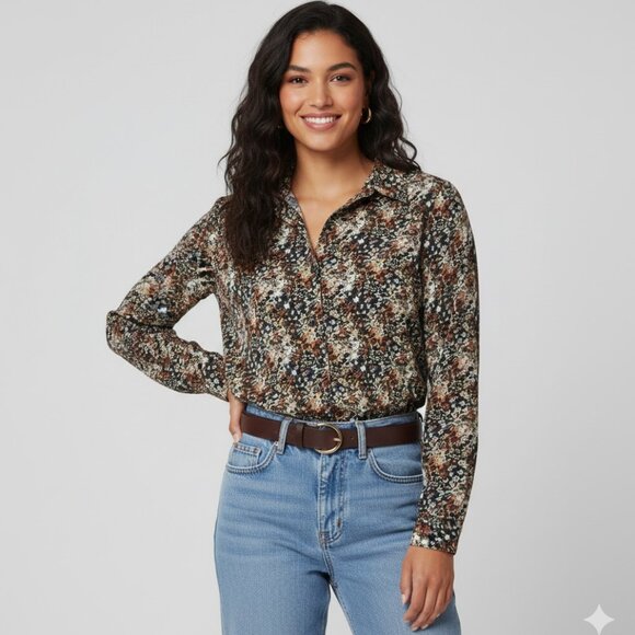 Boho Floral Print Button Down Blouse - Picture 1 of 8